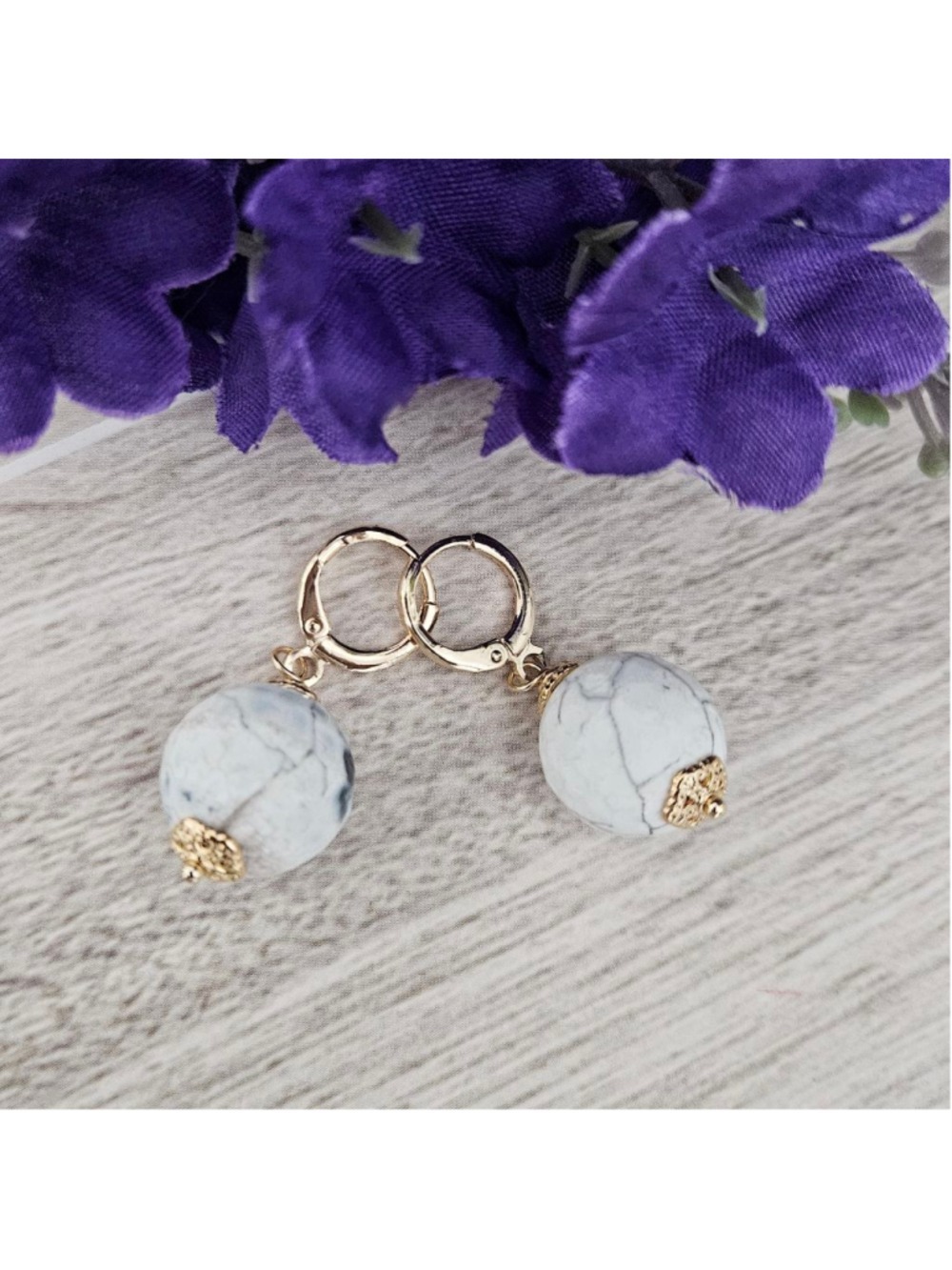 White Howlite Faceted Stone 18K Gold Plated Earrings